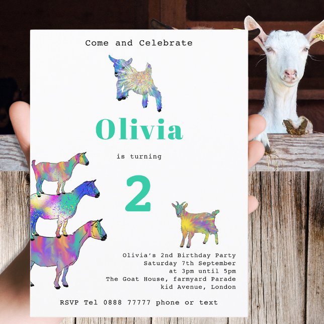 Födelsedagsfesten Färgfyllda getter Inbjudan Vykort (Cute goats colorful farm animal art watercolor 2nd birthday party invitation postcard)