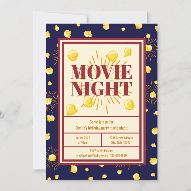 Födelsedagsfesten Filmkväll - Popcorn i Fireworks Inbjudningar (Framsida)