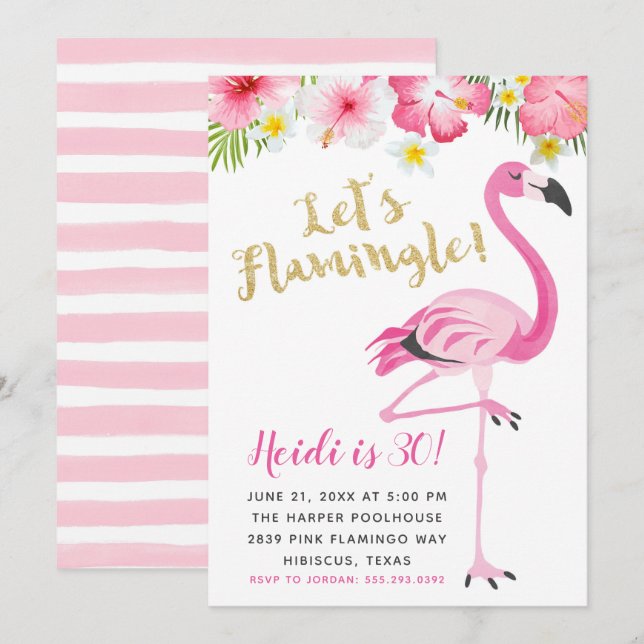 Födelsedagsfesten Flamingo och Hibiscus Inbjudningar (Fram/baksida)