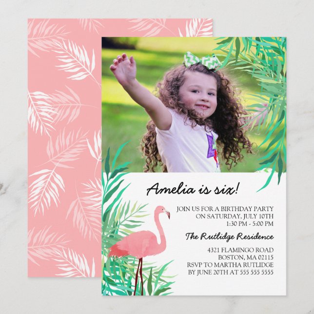 Födelsedagsfesten Flamingo Photo med vattenfärg Inbjudningar (Fram/baksida)