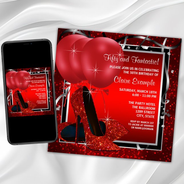 Födelsedagsfesten för kvinnliga svarta och röda Hö Inbjudningar (Womans red and silver birthday party invitation with red high heel shoes on a red and black back.)