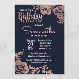 Födelsedagsfesten för marinblått och Ro Guld Blomm Inbjudningar