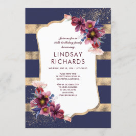 Födelsedagsfesten för marinburgundy och Guld Blomm Inbjudningar