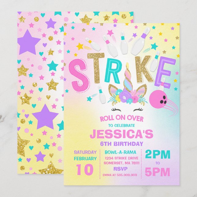 Födelsedagsfesten för Unicorn Bowling-inbjudan Inbjudningar (Fram/baksida)