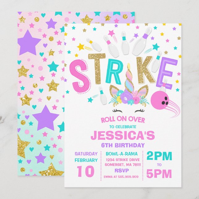 Födelsedagsfesten för Unicorn Bowling-inbjudan Inbjudningar (Fram/baksida)