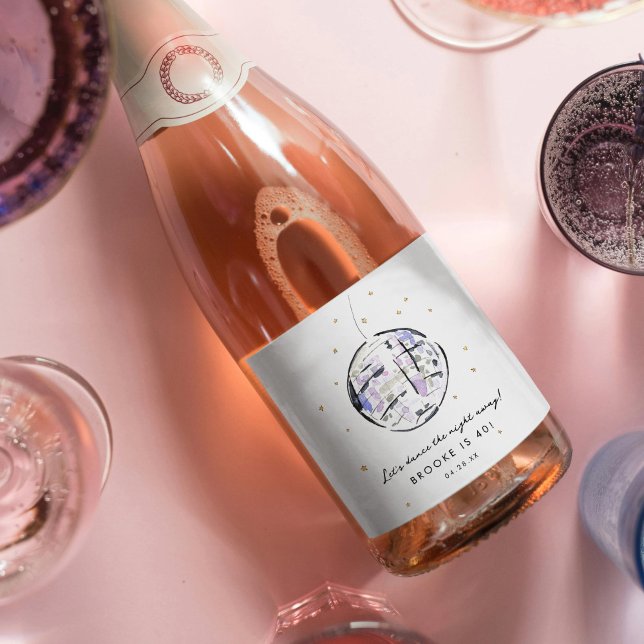 Födelsedagsfesten för vattenfärg i Boll i Star Stu (Fabulous watercolor painted disco ball personalized sparkling wine drink label.)