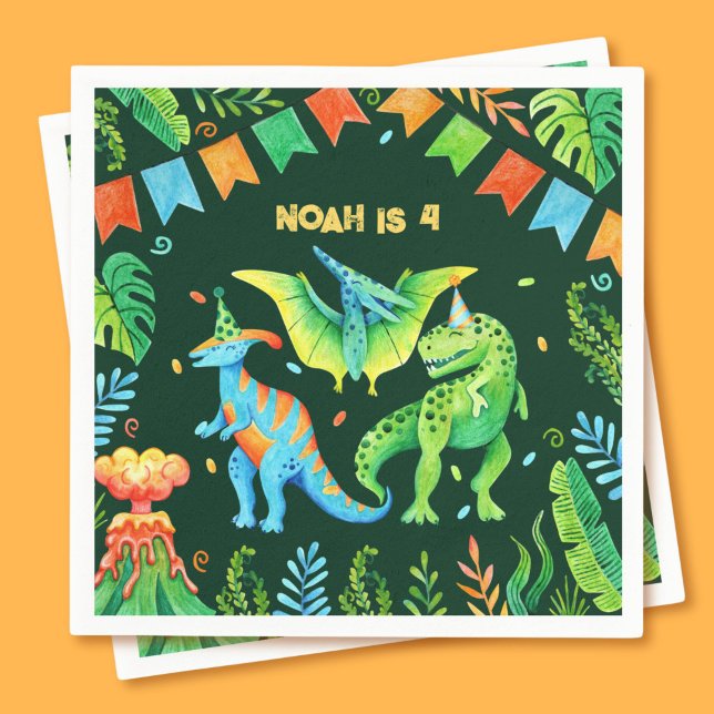 Födelsedagsfesten för vattenfärgsrutor Cute Dinosa Pappersservett (Watercolor Dinosaurs Boys Birthday Napkins)