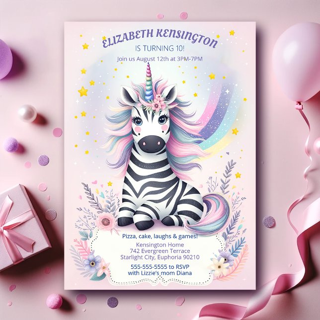 Födelsedagsfesten för Zebra Unicorn Rainbow Inbjudningar (Skapare uppladdad)