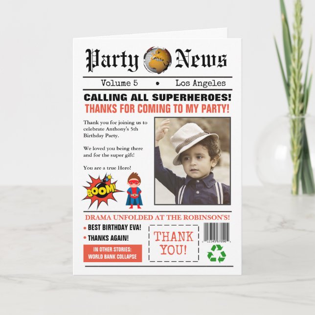 Födelsedagsfesten Foto av tidningspapper Superhjäl Tack Kort (Framsida)