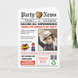 Födelsedagsfesten Foto av tidningspapper Superhjäl Tack Kort