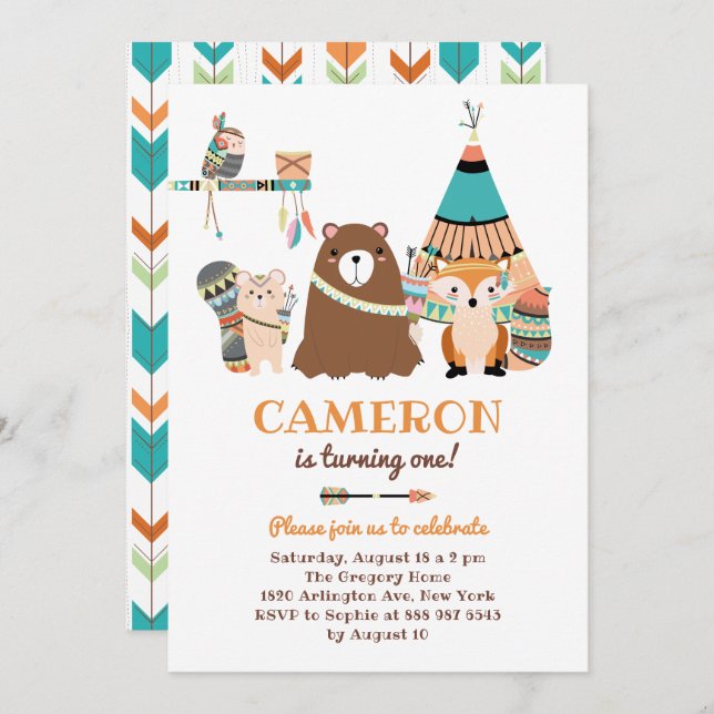 Födelsedagsfesten Friends of Colorful Tribal Woodl Inbjudningar (Fram/baksida)