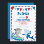 Födelsedagsfesten Funny för att bjuda in cute-haja Inbjudningar<br><div class="desc">En bra haj födelsedag för din födelsedag eller flicka. Två roliga hajar med en söt punkt gräns och flaggor i blått,  rött och turkos. Underbar för åldern: 1:a andra tredje fjärde femte 6e-7:e åttonde tionde tionde tionde tionde elfte 12:e</div>