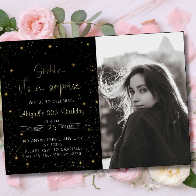 Födelsedagsfesten Galaxy Script Photo Black och Gu Inbjudningar ( Galaxy Script Photo Black and Gold Birthday Party Invitation ()