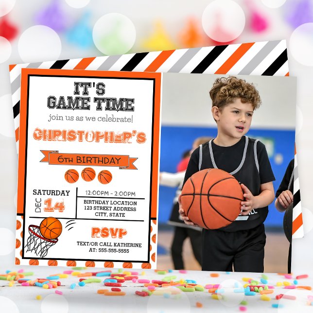 Födelsedagsfesten Game Time Basketball Photo Inbjudningar (Photo Basketball Birthday Party Invitation)