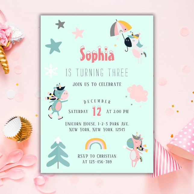 Födelsedagsfesten Girl Cute Unicorn Inbjudningar (Girl Unicorn Birthday Party Winter Party)