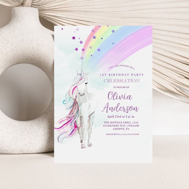 Födelsedagsfesten Girly Rainbow Magic Unicorn Star Inbjudningar (Skapare uppladdad)