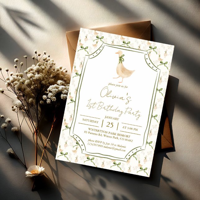 Födelsedagsfesten Goose plantsery rhymes Inbjudningar (Goose nursery rhymes birthday party invitation template silly goose party invite sage green ribbon)
