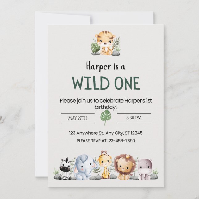 Födelsedagsfesten grått Aesthetic Zoo Animals Inbjudningar (Framsida)