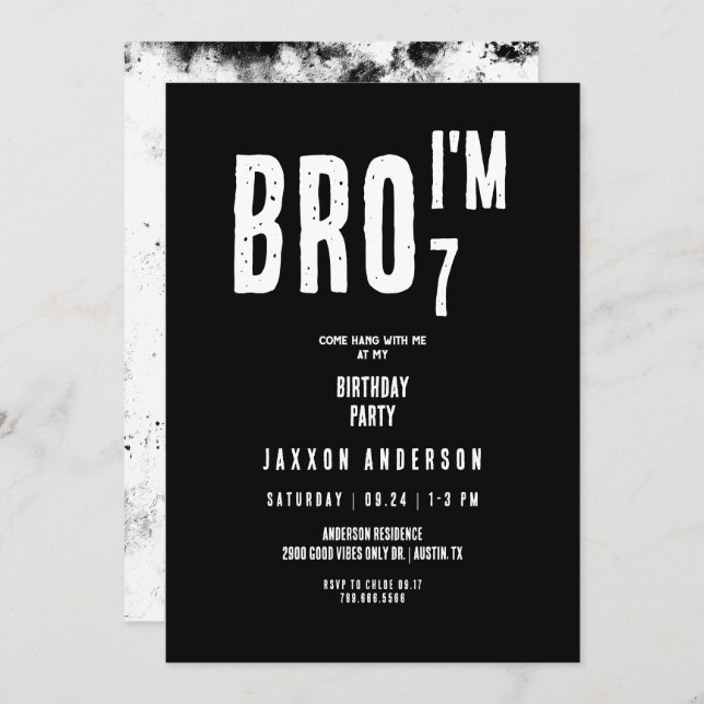 Födelsedagsfesten Grunge Black & White Boy Inbjudningar (Fram/baksida)