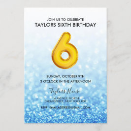Födelsedagsfesten Guld Balloon Blue Glitter 6e Inbjudningar