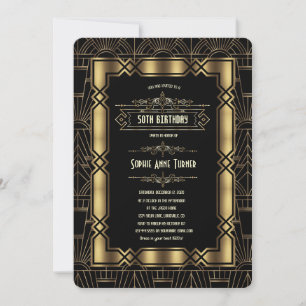 Födelsedagsfesten Guld Black Art Deco Gatsby 1920 Inbjudningar