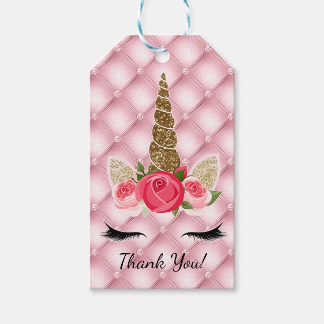 Födelsedagsfesten Guld Glitter & Rosa ros Unicorn Presentetikett (Framsidan)