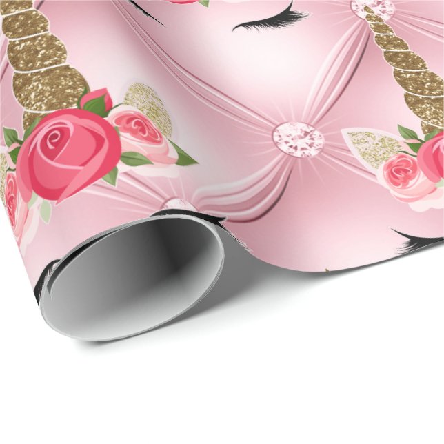 Födelsedagsfesten Guld Glitter & Rosa ros Unicorn Presentpapper (Rullad Hörn)