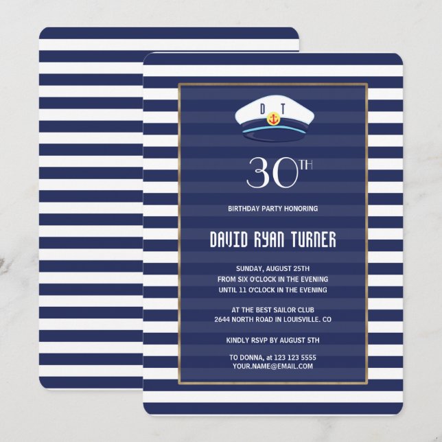 Födelsedagsfesten Guld i Nautisk marin blå Rand Inbjudningar (Fram/baksida)