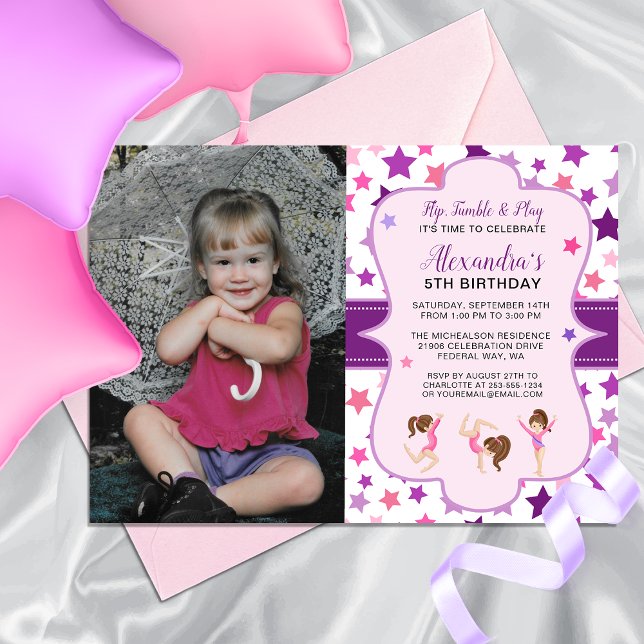 Födelsedagsfesten Gymnastics Photo Girl Stars Inbjudningar (Gymnastics Photo Girl Stars Birthday Party Invitation)