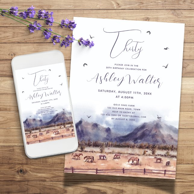 Födelsedagsfesten Horses liggande milstone Inbjudningar (Landscape with horses birthday party invitation for any age)