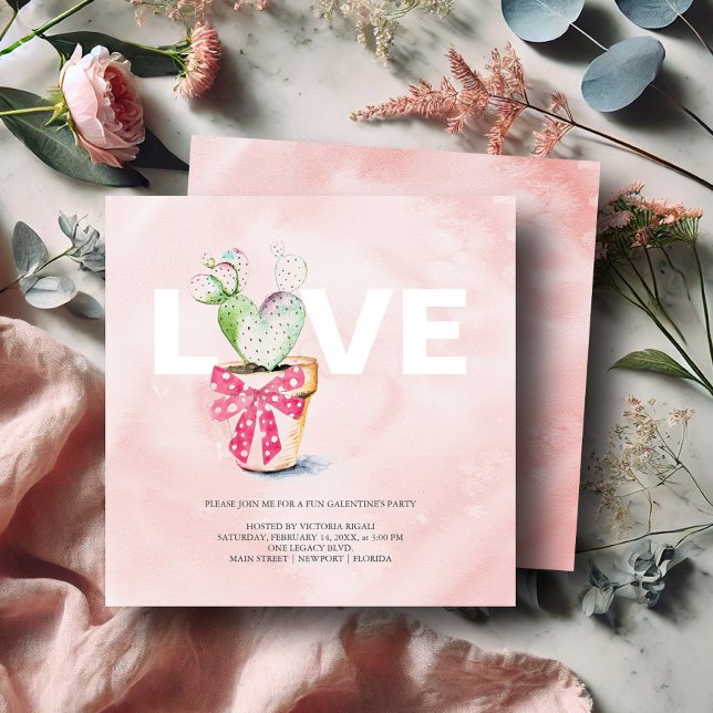 Födelsedagsfesten Inbjudningar till vattenfärgsGal (Galentines invitations watercolor heart shaped cactus art by Victoria Grigaliunas DoTellABelle)