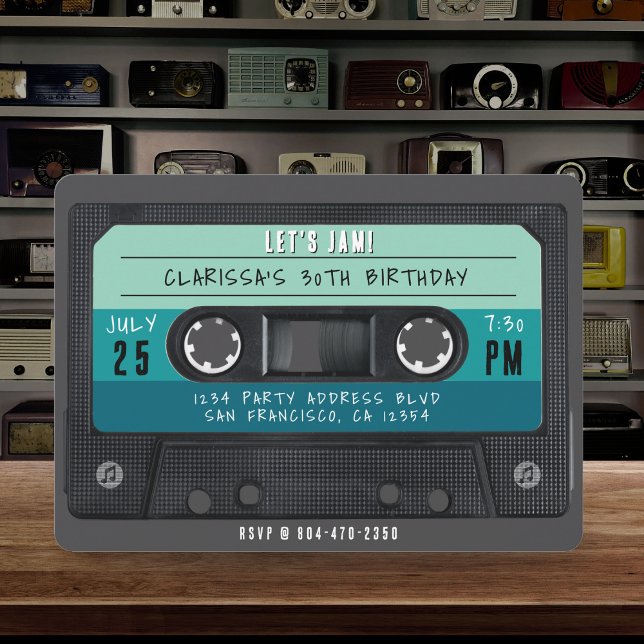 Födelsedagsfesten Kassettbandblått band Inbjudningar (Cassette Tape Blue Retro Birthday Party Invitation
)