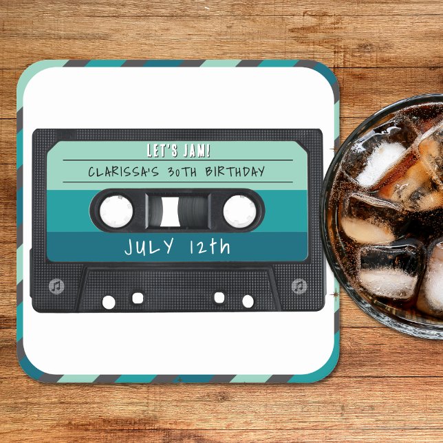 Födelsedagsfesten Kassettbandblått band Underlägg Papper Kvadrat (Cassette Tape Blue Retro Birthday Party Square Paper Coaster
)