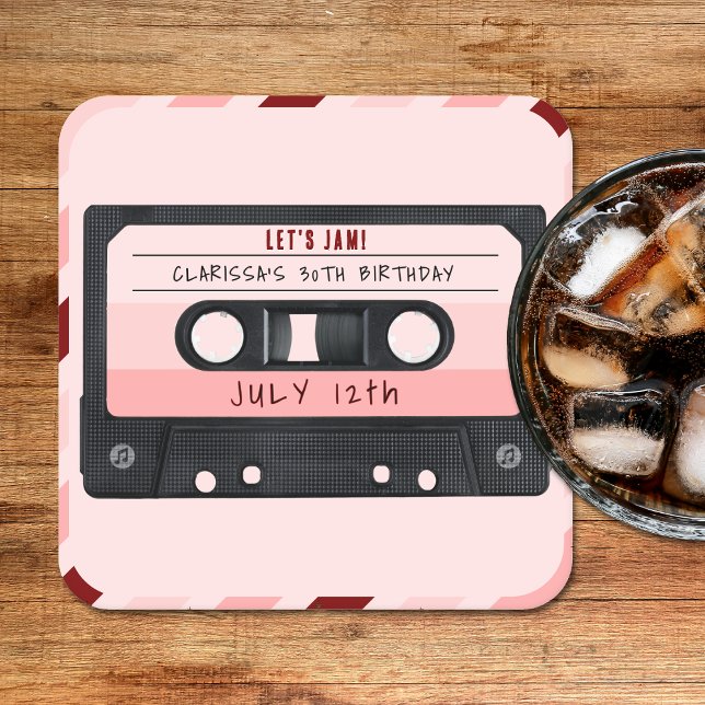 Födelsedagsfesten Kassettbandsåterställning av Ros Underlägg Papper Kvadrat (Cassette Tape Pink Retro Birthday Party Square Paper Coaster
)
