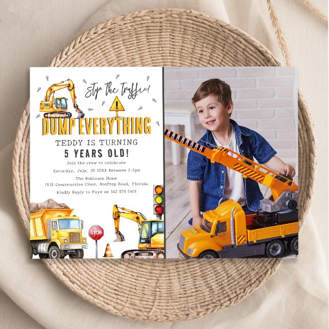 Födelsedagsfesten Kids Construction Watercolor Pho Inbjudningar (Skapare uppladdad)