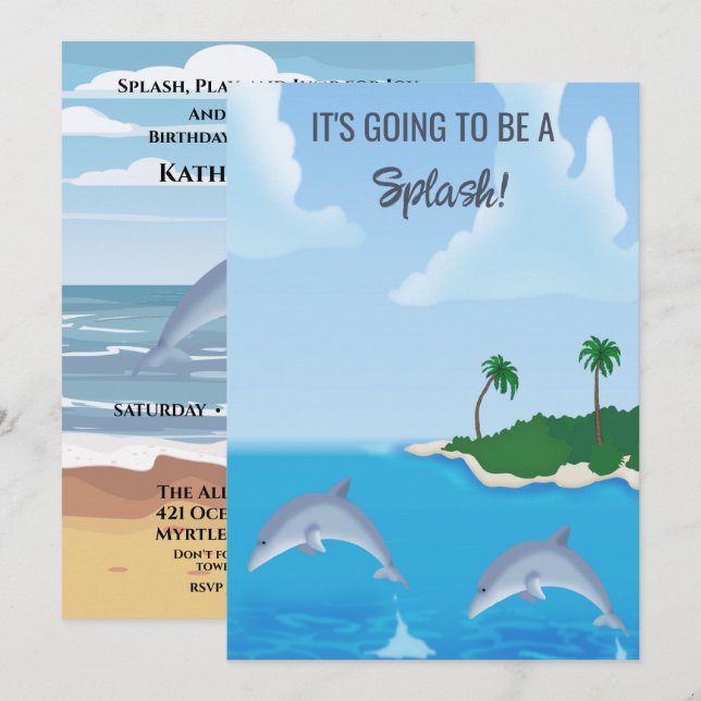 Födelsedagsfesten Kids Dolphin Beach Inbjudningar (Fram/baksida)