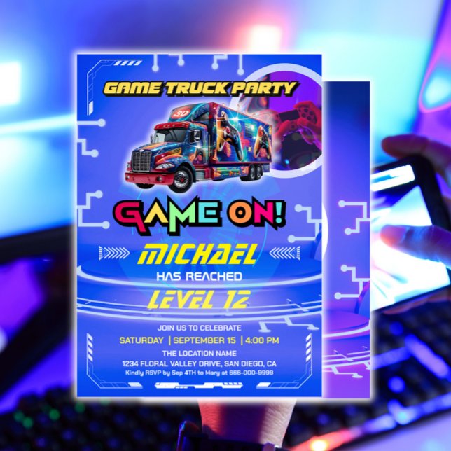 Födelsedagsfesten Kids Video Game Lastbil Inbjudningar (Kids Video Game Truck Birthday Party Invitation)