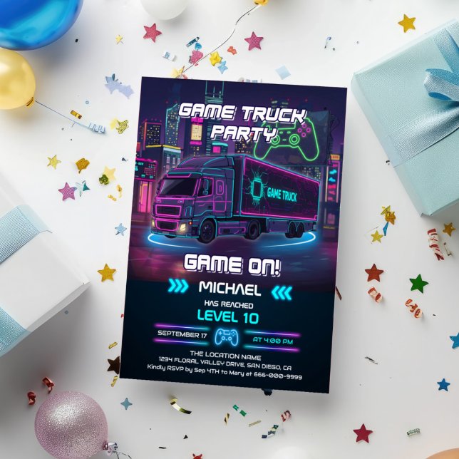 Födelsedagsfesten Kids Video Game Lastbil Inbjudningar (Game Truck Birthday Party Invitation)