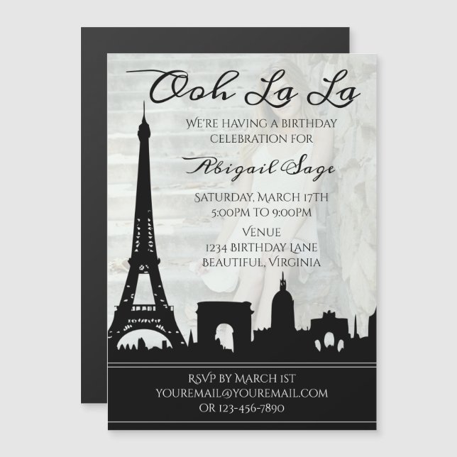 Födelsedagsfesten "La Paris Skyline Photo" Magnetisk Inbjudningskort (Fram/baksida)