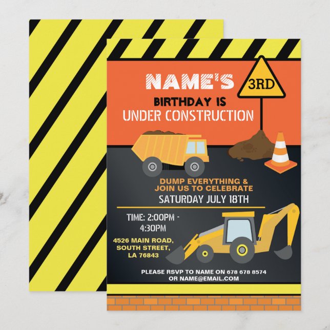 Födelsedagsfesten Lastbil i Construction Builder D Inbjudningar (Fram/baksida)