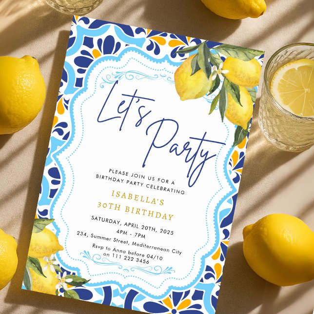 Födelsedagsfesten Lemons i Medelhavsmajolica-platt Inbjudningar (Mediterranean Majolica Tiles Lemons Birthday Party Invitation)