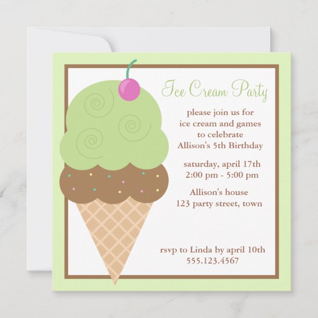 Födelsedagsfesten Lime Green Ice Cream Cone Inbjudningar (Framsida)