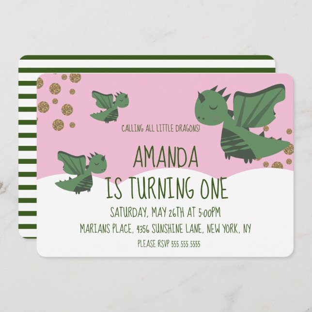 Födelsedagsfesten Little Dragons Glitter och Cloud Inbjudningar (Fram/baksida)