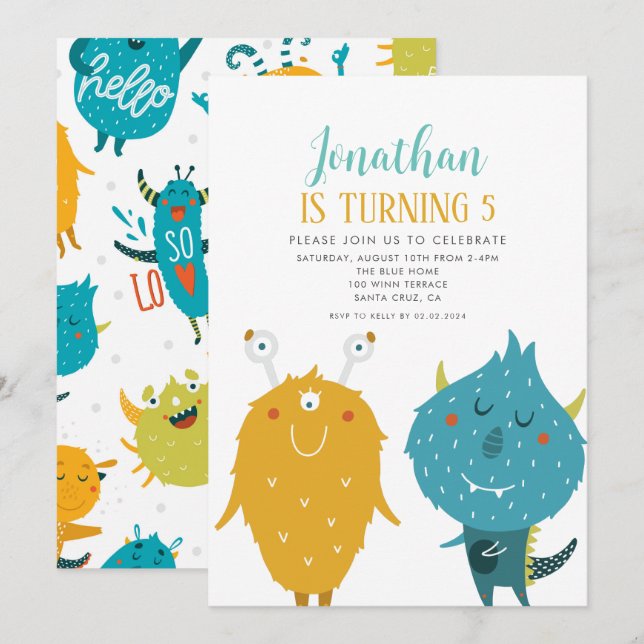 Födelsedagsfesten Little Monsters Blue and Gult Inbjudningar (Fram/baksida)