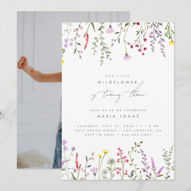 Födelsedagsfesten Little WildblommGirls Blommigt Inbjudningar (Fram/baksida)