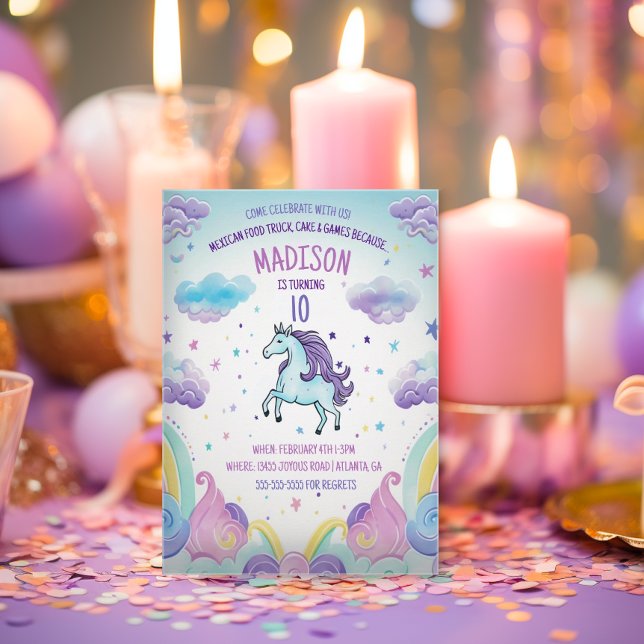 Födelsedagsfesten Magic Blue and Lila Unicorn Inbjudningar (Cute Unicorn Invitation)