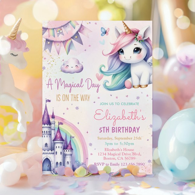 Födelsedagsfesten Magic Pastel Unicorn Rainbow Inbjudningar (Skapare uppladdad)