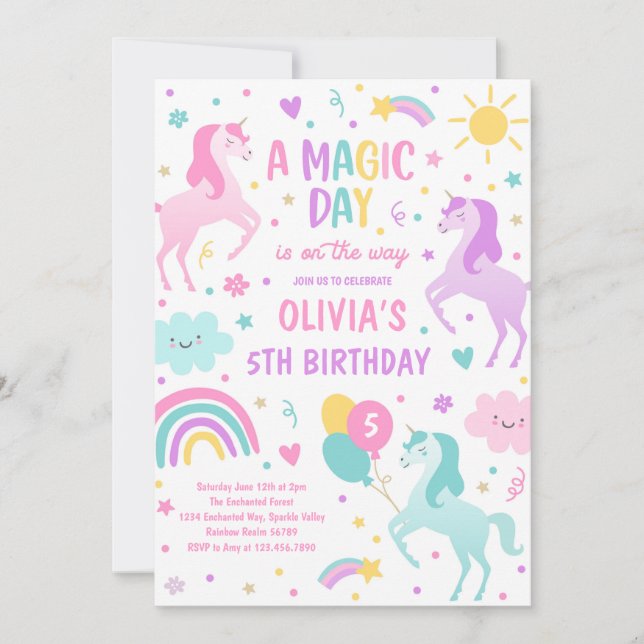 Födelsedagsfesten Magic Pastel Unicorn Rainbow Inbjudningar (Framsida)