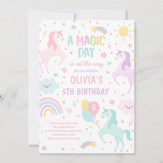 Födelsedagsfesten Magic Pastel Unicorn Rainbow Inbjudningar (Framsida)