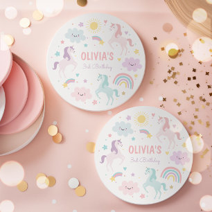 Födelsedagsfesten Magic Pastel Unicorn Rainbow Underlägg Papper Rund